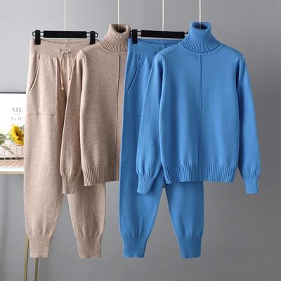Zestaw 2 części damski dzianinowy dres golf sweter marchewka spodnie do biegania sweter sweter zestaw