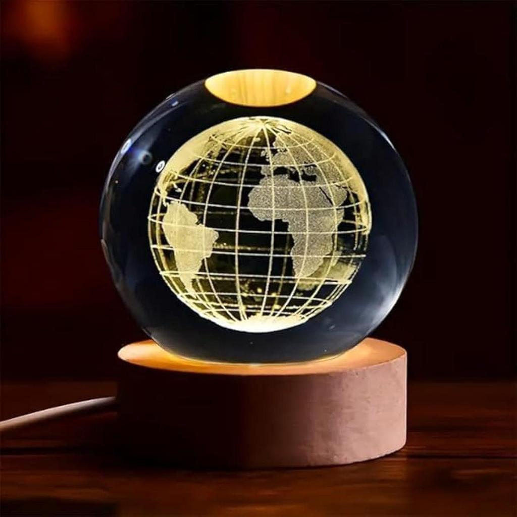 3D Globe Crystal Ball Night Light with Wooden Base - LED USB Table Lamp for Kids, Teens, and Home Decor
