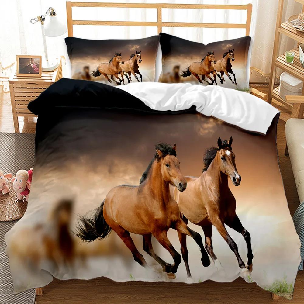 At Yorgan Kılıfı Seti Koşan Bir Grup Kahverengi At Yatak Takımı 3D Hayvan Yabani At Kraliçe King Boy Polyester Yorgan Kılıfı