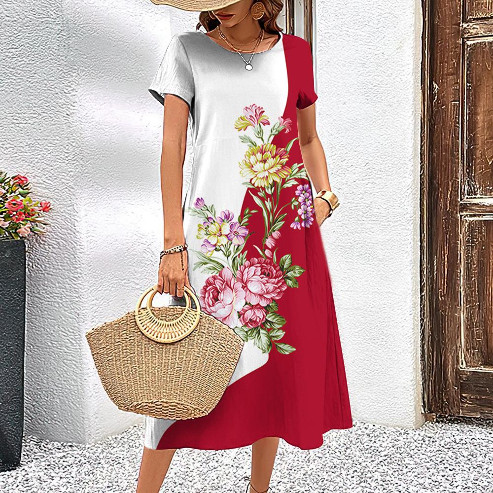 New Patchwork Flower Print Dresses For Women's Summer Elegant Dress Plus Size Midi Female Fashion Oversized Women's Clothing