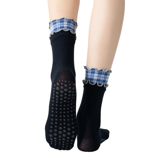 1 Pair Yoga Socks with Non-slip Gripper Double Ruffled Plaid Cuff Mid-calf Socks Women Ballet Dance Pilates Cotton Crew Socks
