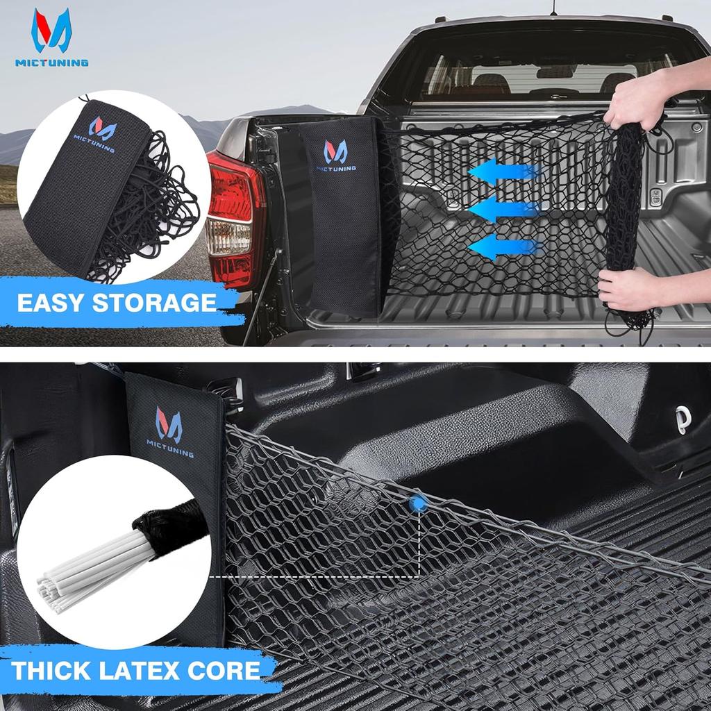 MICTUNING Truck Bed Cargo Net Highly Elastic Cargo Net With Storage Bag Small Mesh Durable Storage Organizer Compatible For 2013-2024 Chevy Silverado