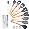 11-Piece Wooden Handle Silicone Kitchenware Set - Includes 9 Kitchen Tools, Spatula, and Spoon.
