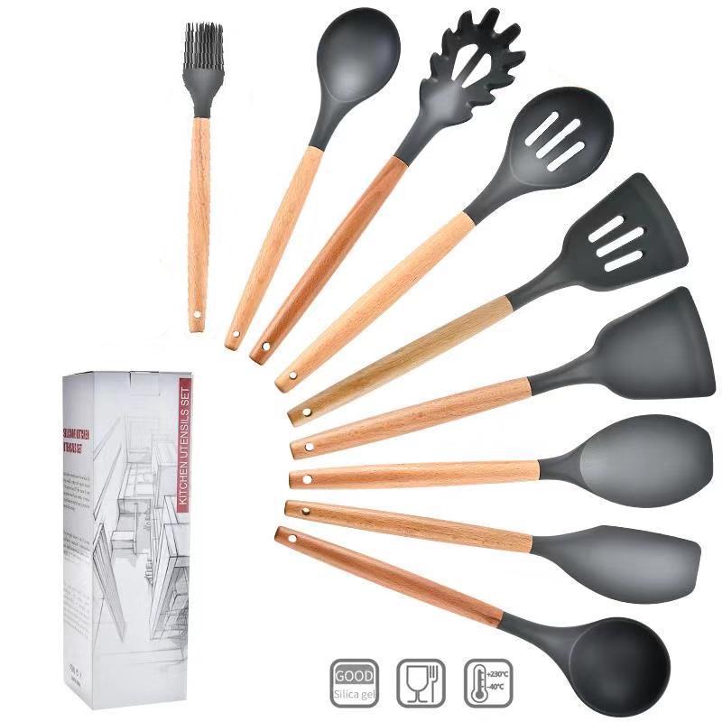 11-Piece Wooden Handle Silicone Kitchenware Set - Includes 9 Kitchen Tools, Spatula, and Spoon.