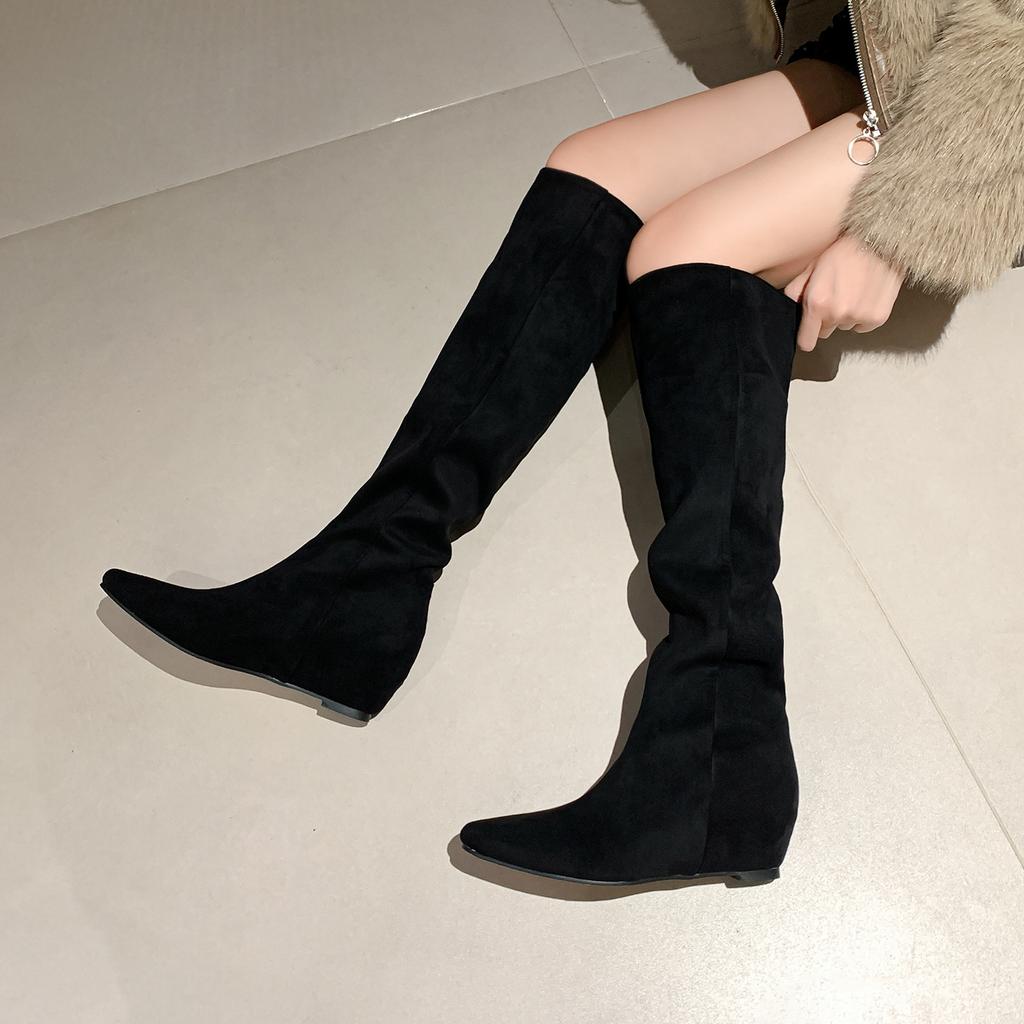 Sheepskin Version Retro Inner Heightening Boots Long Boots Women's Stacking Boots French Temperament Thin Pleated Tall Knight Boots