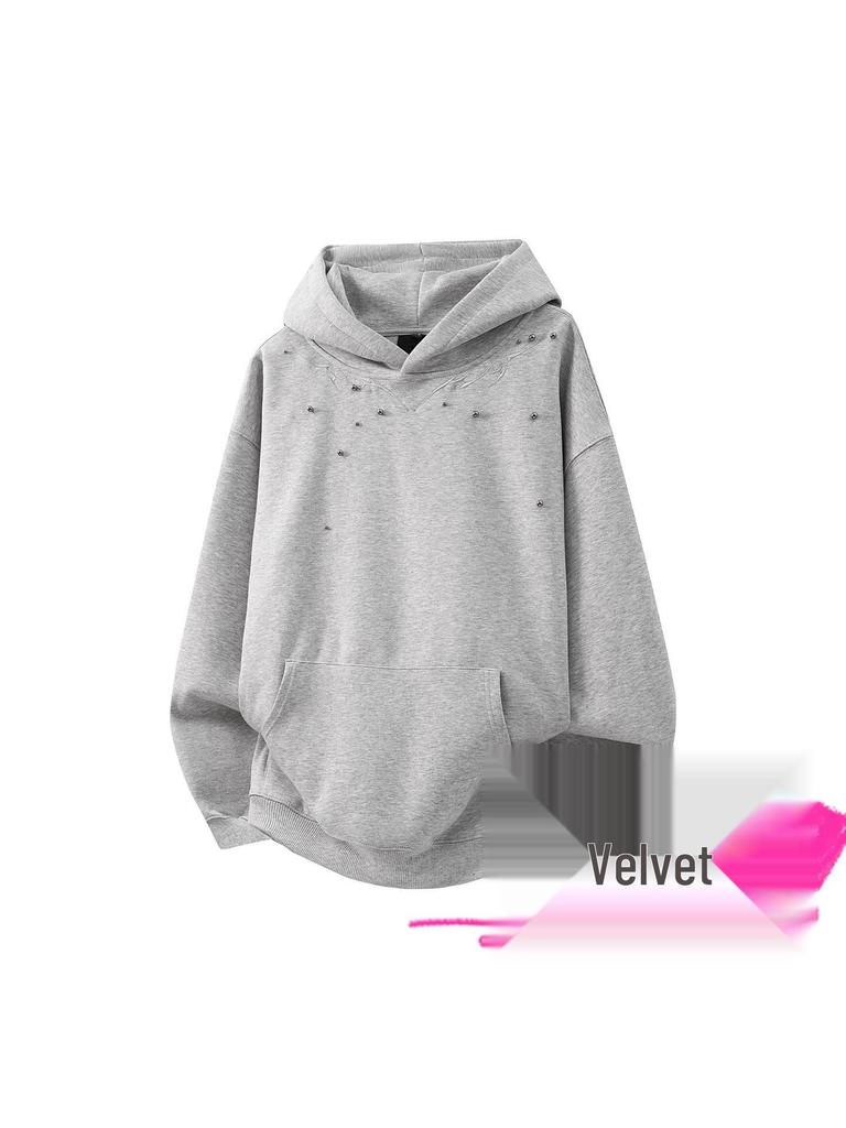 Men's Retro Beaded Embroidery Velvet Hooded Sweatshirt, Autumn/Winter Warmth