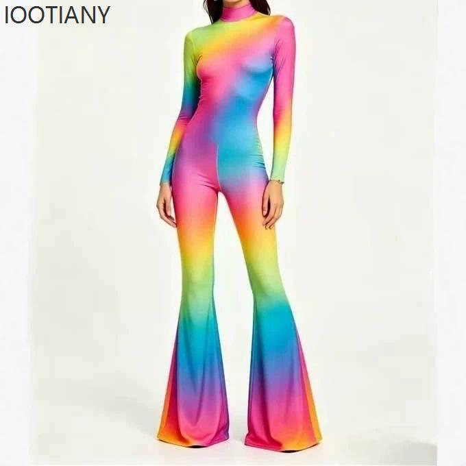 Women Christmas Flare Jumpsuit Candy Cane Snowflake Pattern Bell Bottom Skull Bodysuit Halloween Xmas Clubwear Party Costume
