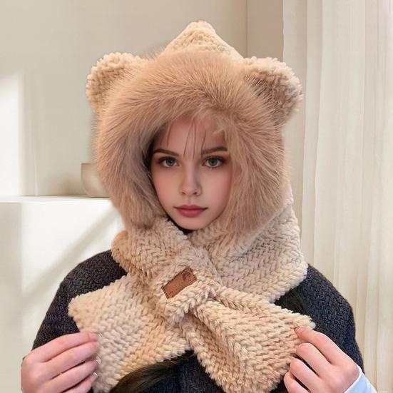 Women Winter Integrated Hat And Scarf Thick Fleece Warm Cartoon Fox Ear Decor Windproof
