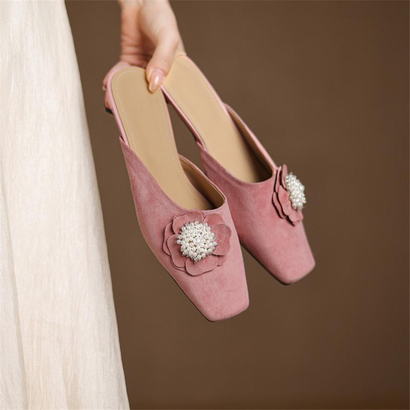 Fashion New Summer Slippers Sheep Suede Slippers for Women Fashion Flower Square Toe Ladies Shoes Low Heels Cover Toe Slippers Sandals