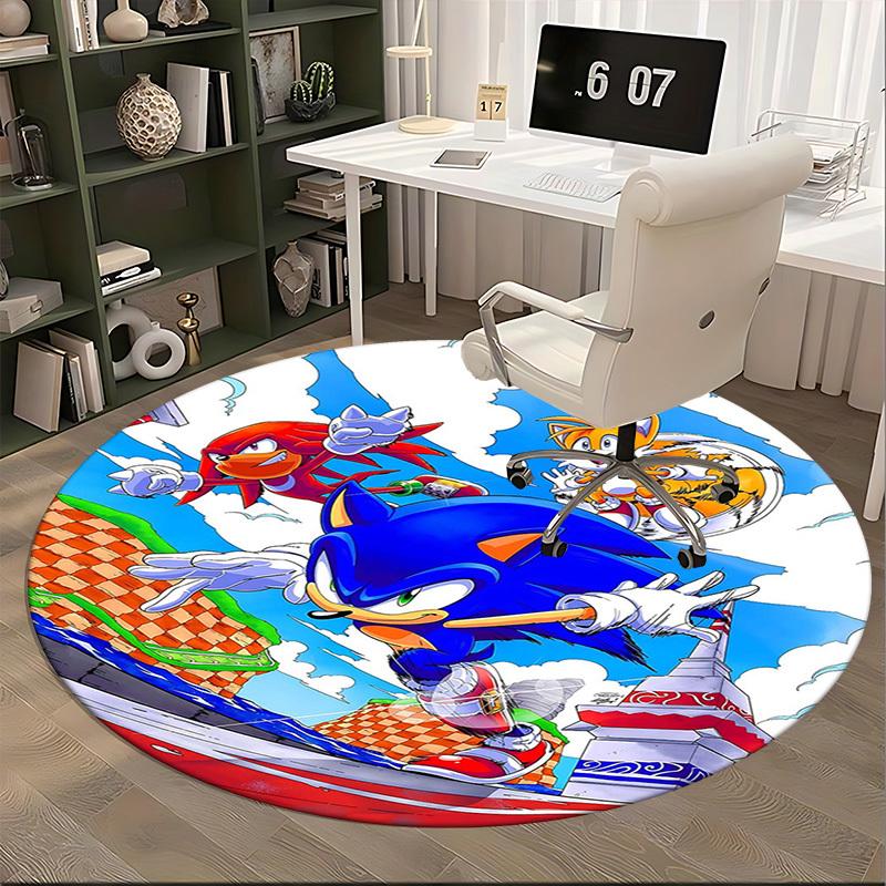 1pc Sonic the Hedgehog Anime Cartoon Design Round Carpet Office Chair Mat, NonSlip Rug for Home Decor, Living Room, Bedroom, Game Room