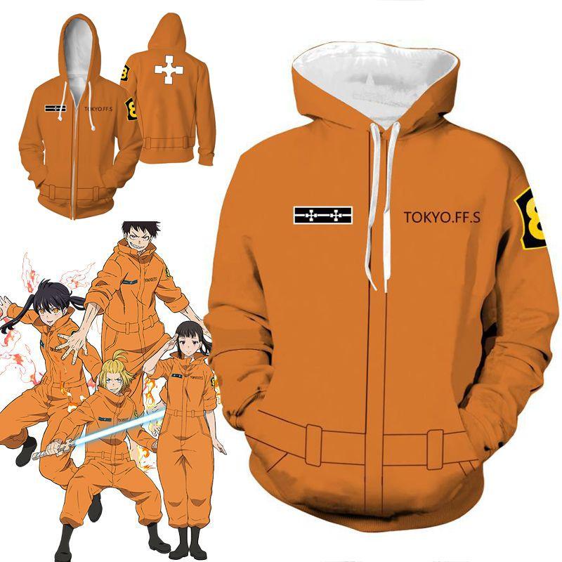 Fire Force Anime Men Hooded Zipper Sweatershirts Hoodie Pullover Cosplay Costume