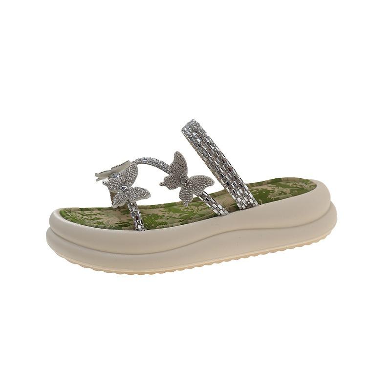 Thick-soled cool slippers for women's summer wear, new fashionable and beautiful rhinestone temperament sandals