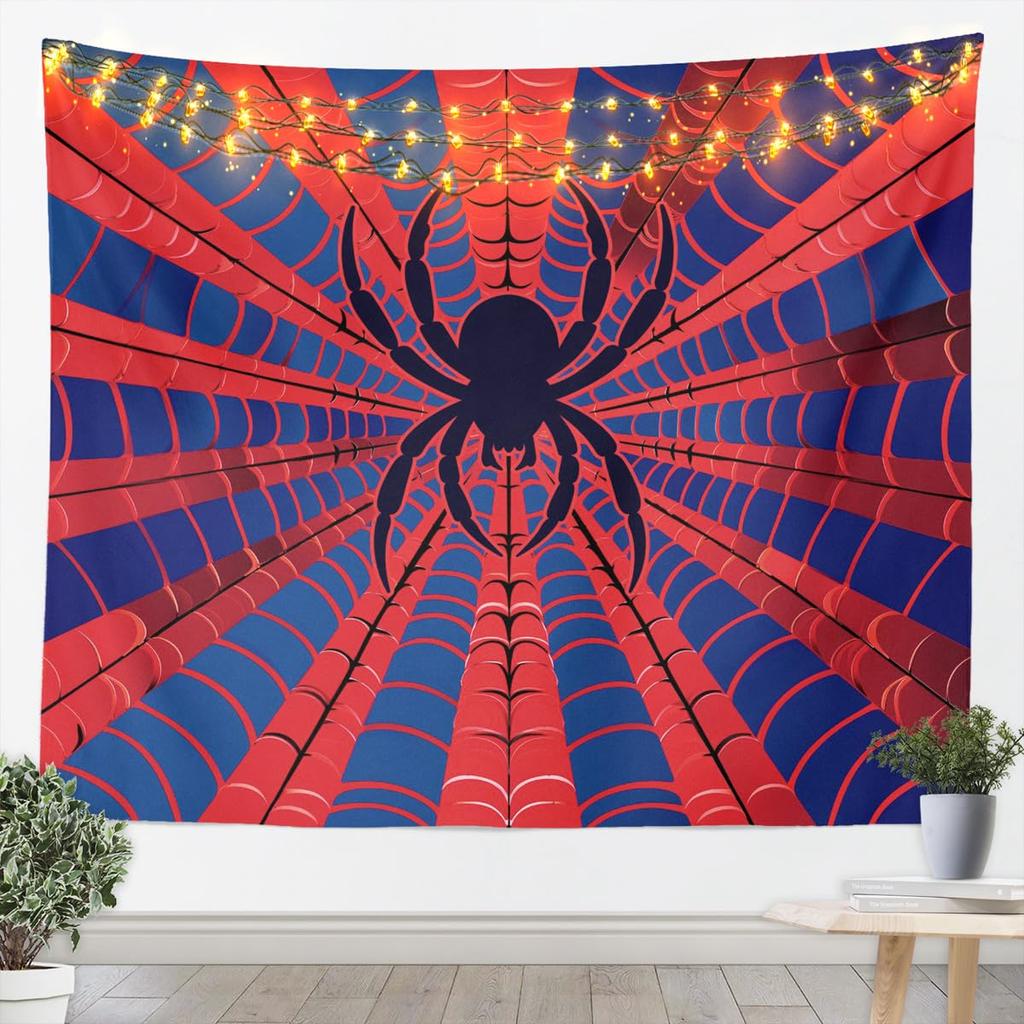 Spider Web Tapestry, HD Print with Red & Blue Web Pattern & Black Spider, Wall Decor for Bedroom, Cool Bohemian Style