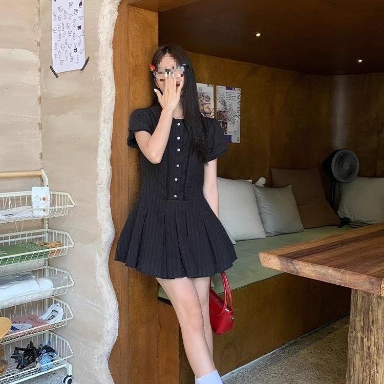 Commuter style button pleated bubble sleeve polo collar dress temperament women's summer solid color pleated short skirt export wholesale