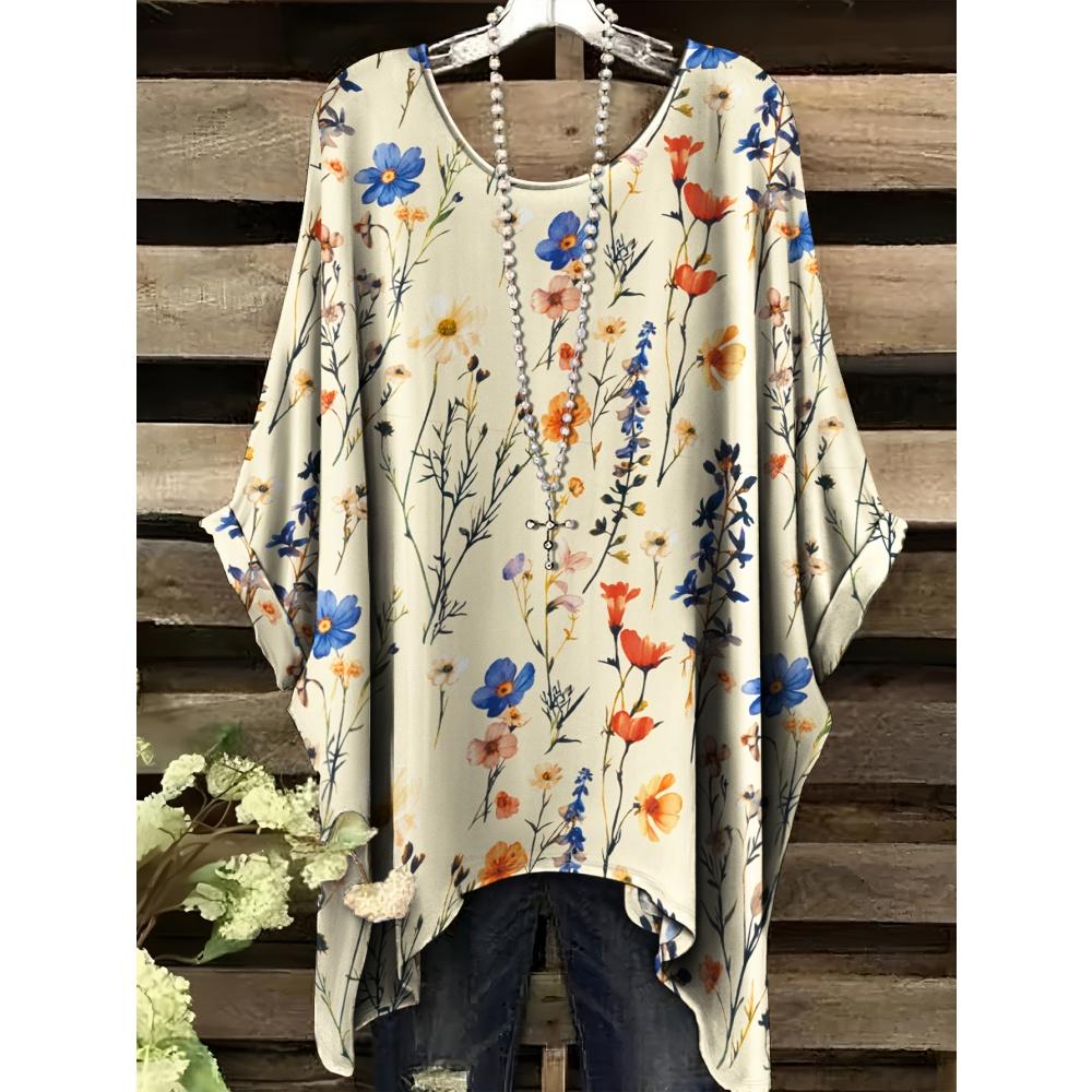 Bohemian Top for Women Elegant Colour Floral Graphics Design Round Neck Irregular Hem Women Casual Fashion Women Vacation Tops
