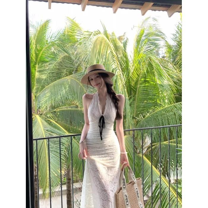 Summer Lace Spliced Backless Dress For Beach Vacation With Slim Fit Design