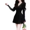 Pure desire sexy V-neck lace splicing long-sleeved dress women's autumn new high-end slim and thin a-word short skirt