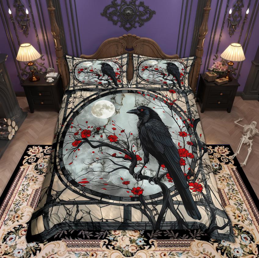 Homewish Halloween Crow Duvet Cover Set Botanical Plant Bedding Set Hippie Floral Flower Bed Set