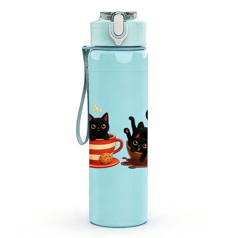 1PC Three Cats Tea Time Cartoon Print 750ml Color Plastic Sports Water Bottle Leakproof Flip Straw Lid Suitable for Sports Office Home Use