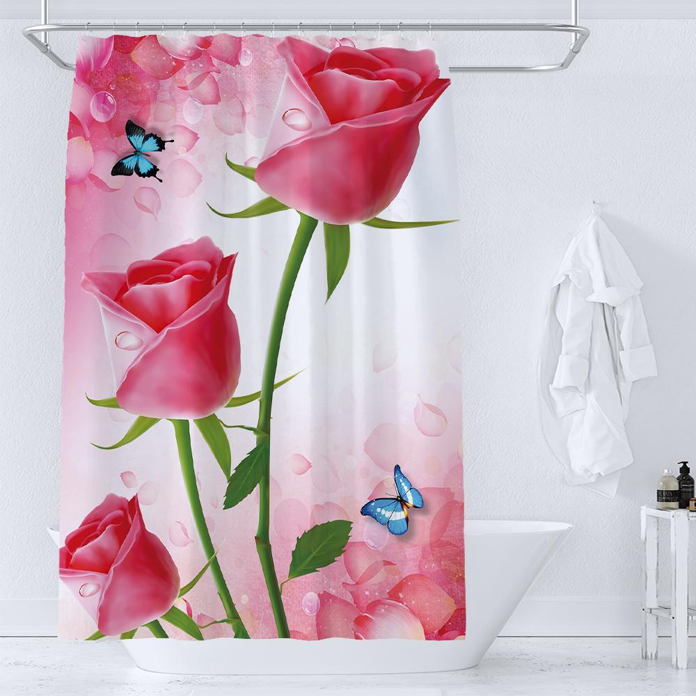 

Pink Roses Flower Butterfly Shower Curtain With Hooks Waterproof Polyester Fabric Print Bath Curtain Bathroom Accessorie Decor W60H190(CM)-1 Pcs
