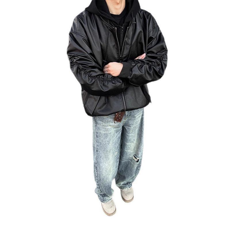 Men's Black Faux Leather Hooded Bomber Jacket - American Style Short Silhouette