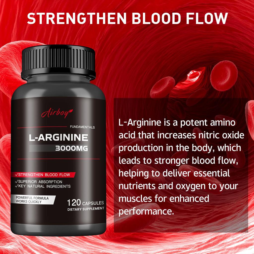 Airboy L-Arginine Nitric Oxide Supplement 3000mg promotes blood circulation and enhances nutrient delivery; suitable for adults.