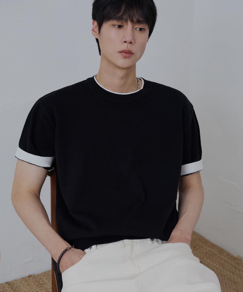 NODU Layered Color Block Round Cropped Half Knit [Black]