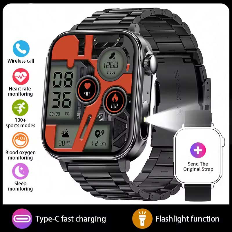 LUCKY START Type-C Fast Charging Smart Watch Men Women Health Manager Bluetooth Call LED Flashlight Waterproof Sport Fitness Smartwatch