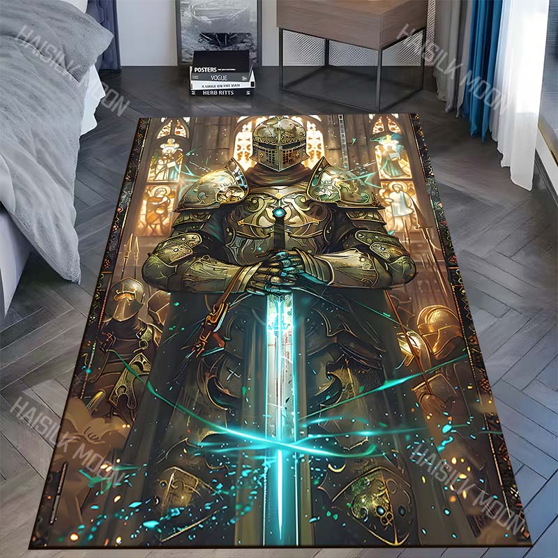 Knight holding glowing sword Print Carpet Rug for Living Room Bedroom Sofa Doormat Home Decor Non-slip Floor Mat