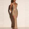 2026 European & American Halter Deep V Sequin Pleated Long Ribbon Bodycon Hot Girl Evening Gown