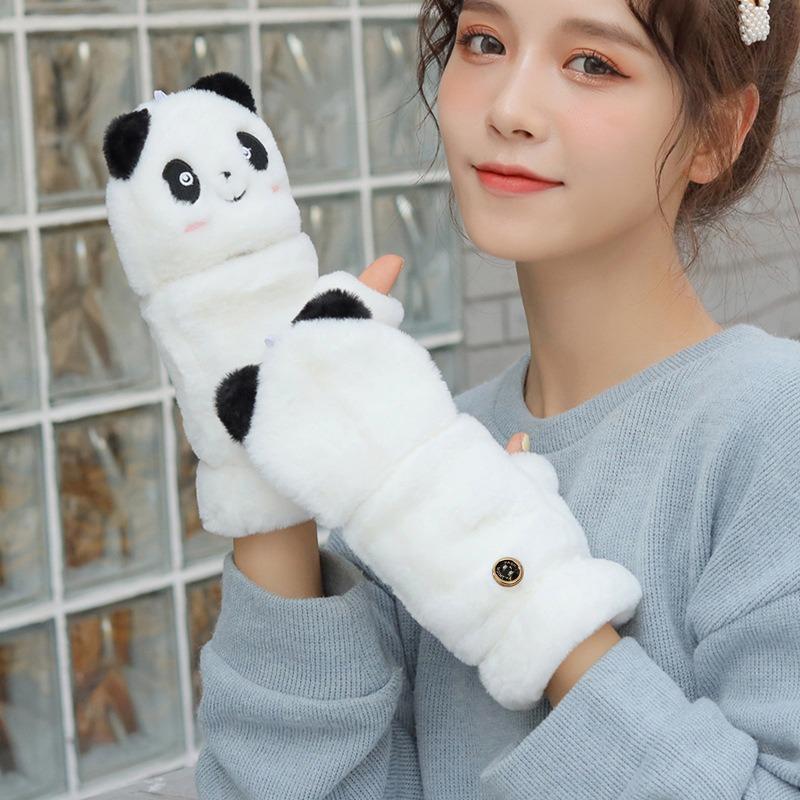 Women Plush Warm Glove Lovely Rabbit Cat Panda Mittens Flip Fingerless Glove Soft Girls Thick Gloves Flexible Half Finger Winter