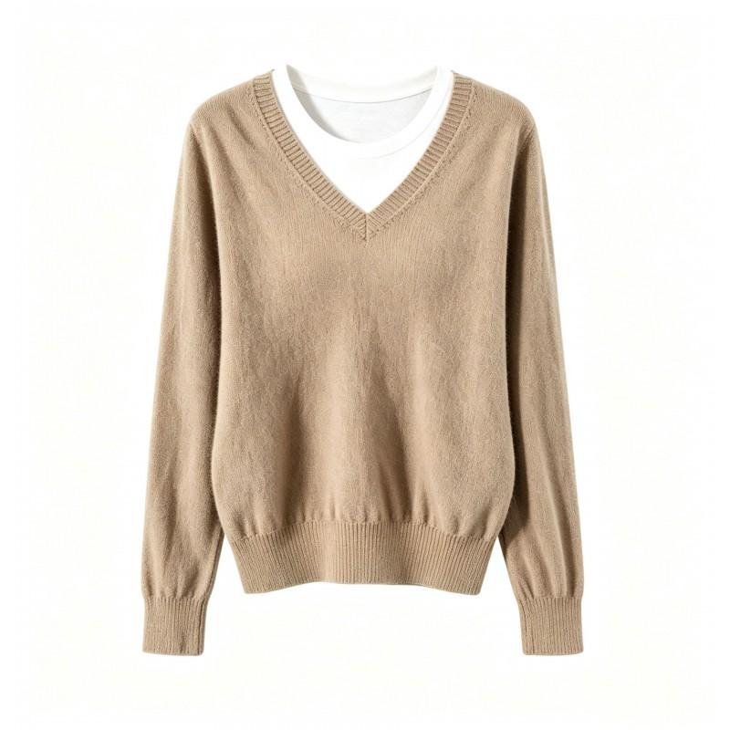 2026 Fall Womens Knit Sweater Casual V-Neck Fake Two-Piece Loose Drop Shoulder Long Sleeve