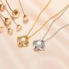 Four-Leaf Clover Diamond Pendant Necklace with Zirconia and O-Chain, White Gold Plated Clavicle Chain