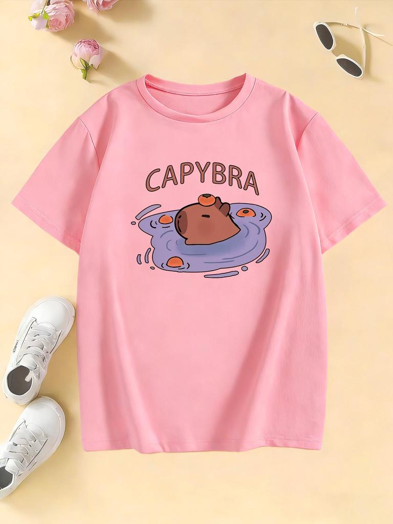 Childrens Swim Capybara Print Design T Shirts Short Sleeve Tees Cartoon Kids Childrens Tshirt Boys Girls Summer Spring