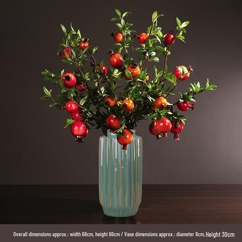 High-End Artificial Pomegranate Flower & Fruit Tree Branch Arrangement for Living Room or Dining Table Decor.