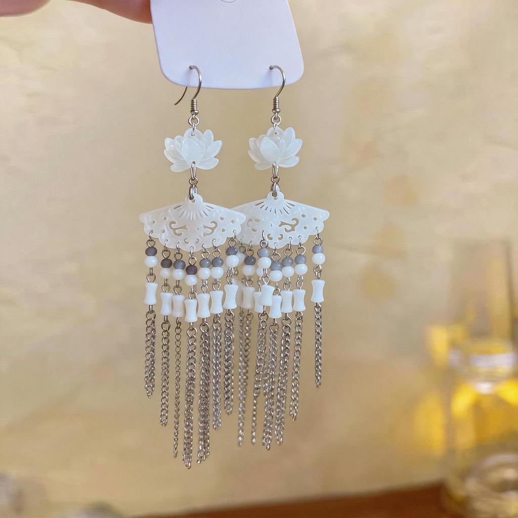 Resin Flower Fan Glass Tassel Earrings - Ethnic & Chinese Style Ear Ornaments for Women