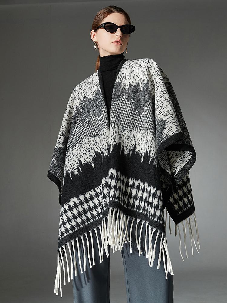 Winter Scarf Women Layers Poncho Elegant Wool Houndstooth Print Tassel Wraps Shawl Scarve Capa Para Pashmina Cloak High Quality