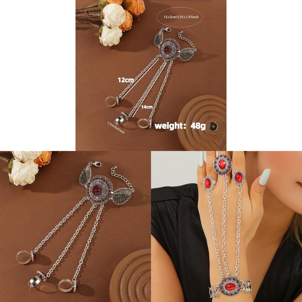 Vintage Geometric Alloy Ruby Ring And Bracelet Set For Women With Rhinestone Embellishments