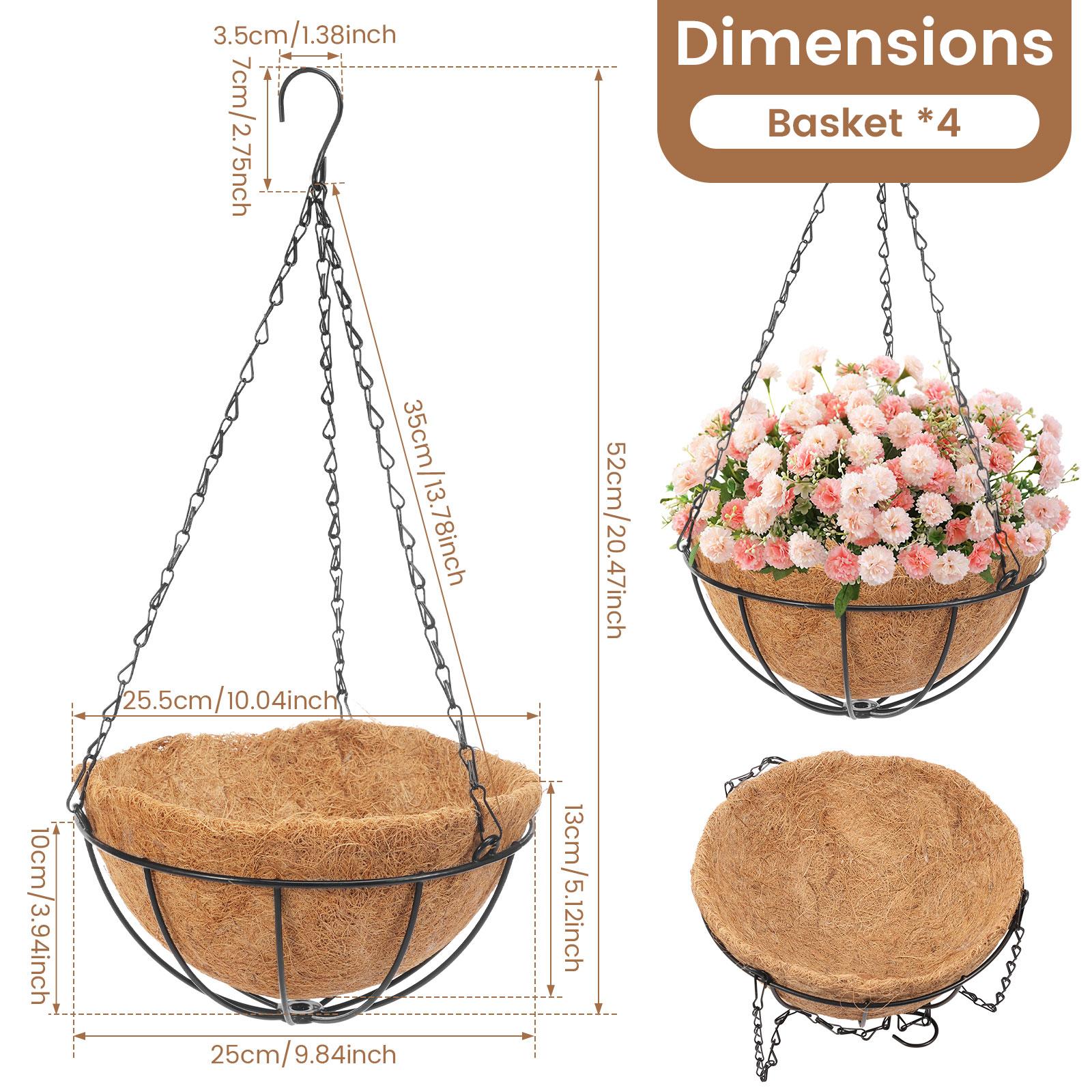 4Pcs 10 Inch Hanging Flower Basket Outdoor Coco Liner Round Hanging Flower Pot with Chain and Hook Metal Plant Basket for Garden
