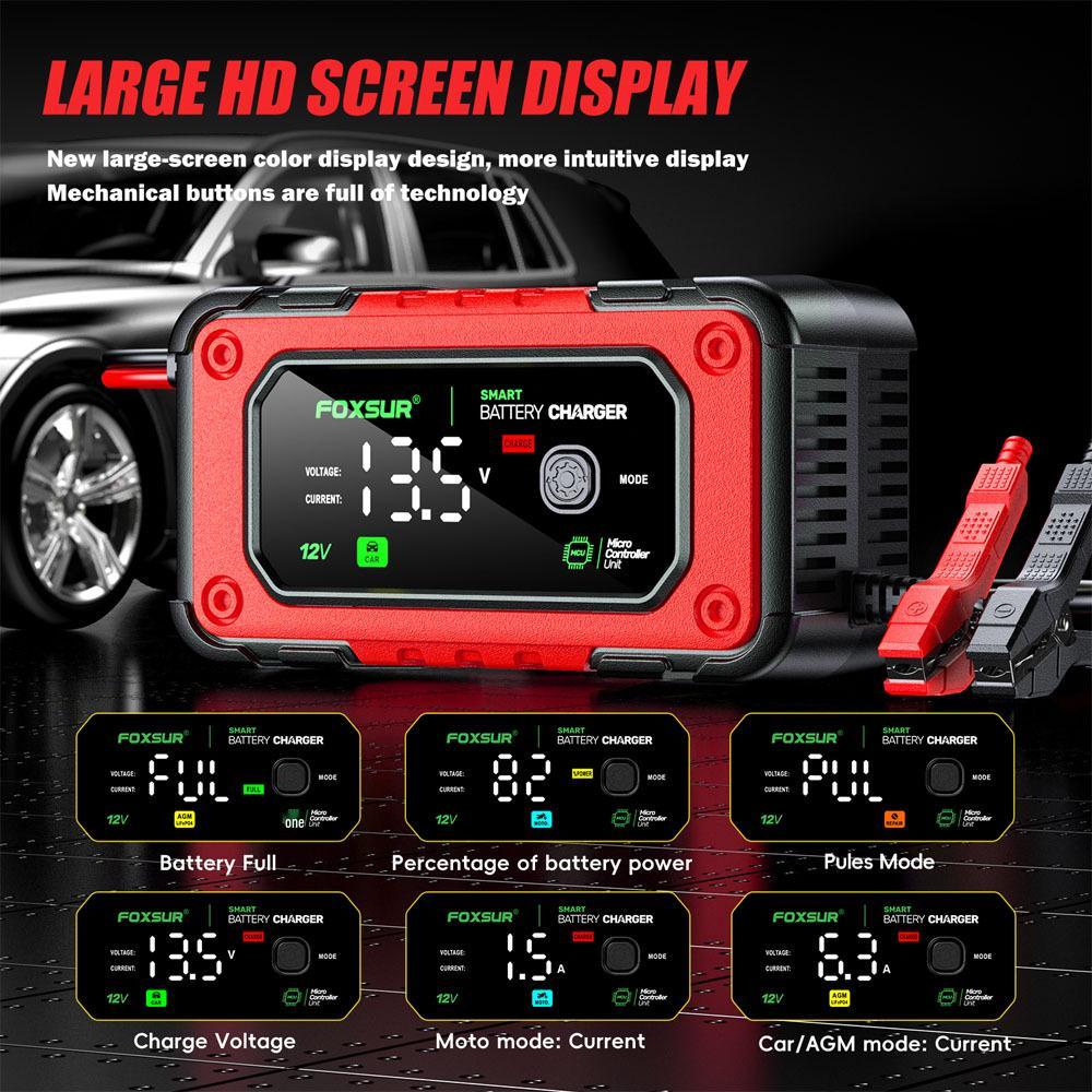 FOXSUR 12V 7A Charger for Lead-Acid & Lithium Iron Phosphate Batteries with Large Color Screen