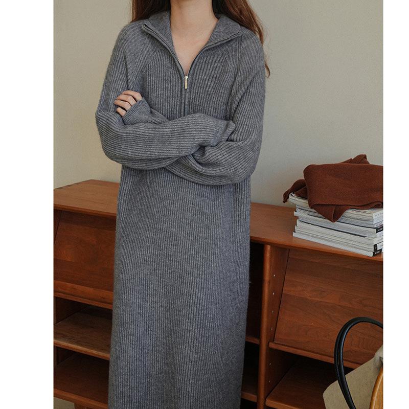 

Длинная трикотажная юбка-свитер с застежкой-молнией и высоким воротом, женская осенне-зимняя новая свободная повседневная юбка выше колена One size fits all серый