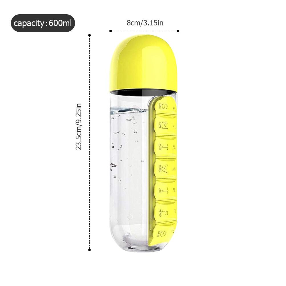 

600ml Water Bottle with Pill Box Organizer 2 In 1 Portable 7 Days Planner Box Travel Medication Cases Containers жёлтый