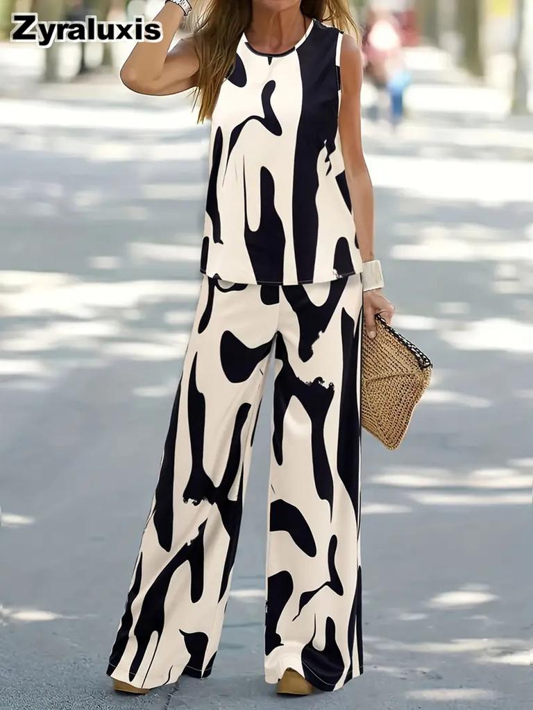 Printed Pants Set with Crewneck Sleeveless Loose Top and Loose Comfortable Pants