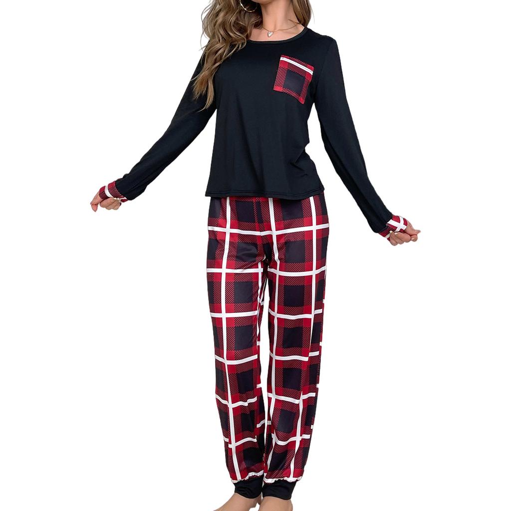 Women Plaids Patterned Loungewear 2 Pieces Outfits Long Sleeve Pajamas Tops and Long Pants Summer Sleepwear Nightwear