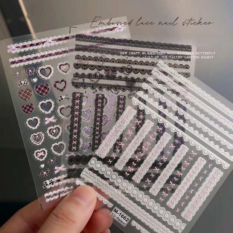 3 Pcs/set Pink Black Color Kawaii Nail Stickers Lace Bow 3D Checkered Scrapbook Journal Sweet Edgy Design Decal for Girl