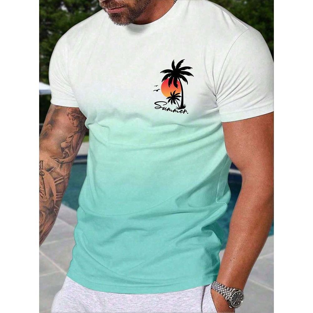 Sommer Freizeit Farbverlauf Kurzarm Oberteil Hawaiianische Herrenmode T-Shirt Outdoor Strandshorts Zweiteiliges Set