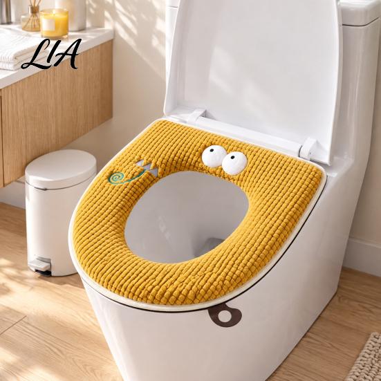 Winter Warm Toilet Seat Cover Zippered with Handle, Soft Jacquard Suede Hygienic Lifter Mat, Cartoon Pattern Washable Bathroom Pad for Most