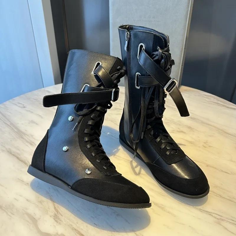 New Fashion Studded Flat Heightened Inner Women's Belt Buckle Casual Side Zipper Non-Slip Mid-Leg Boots