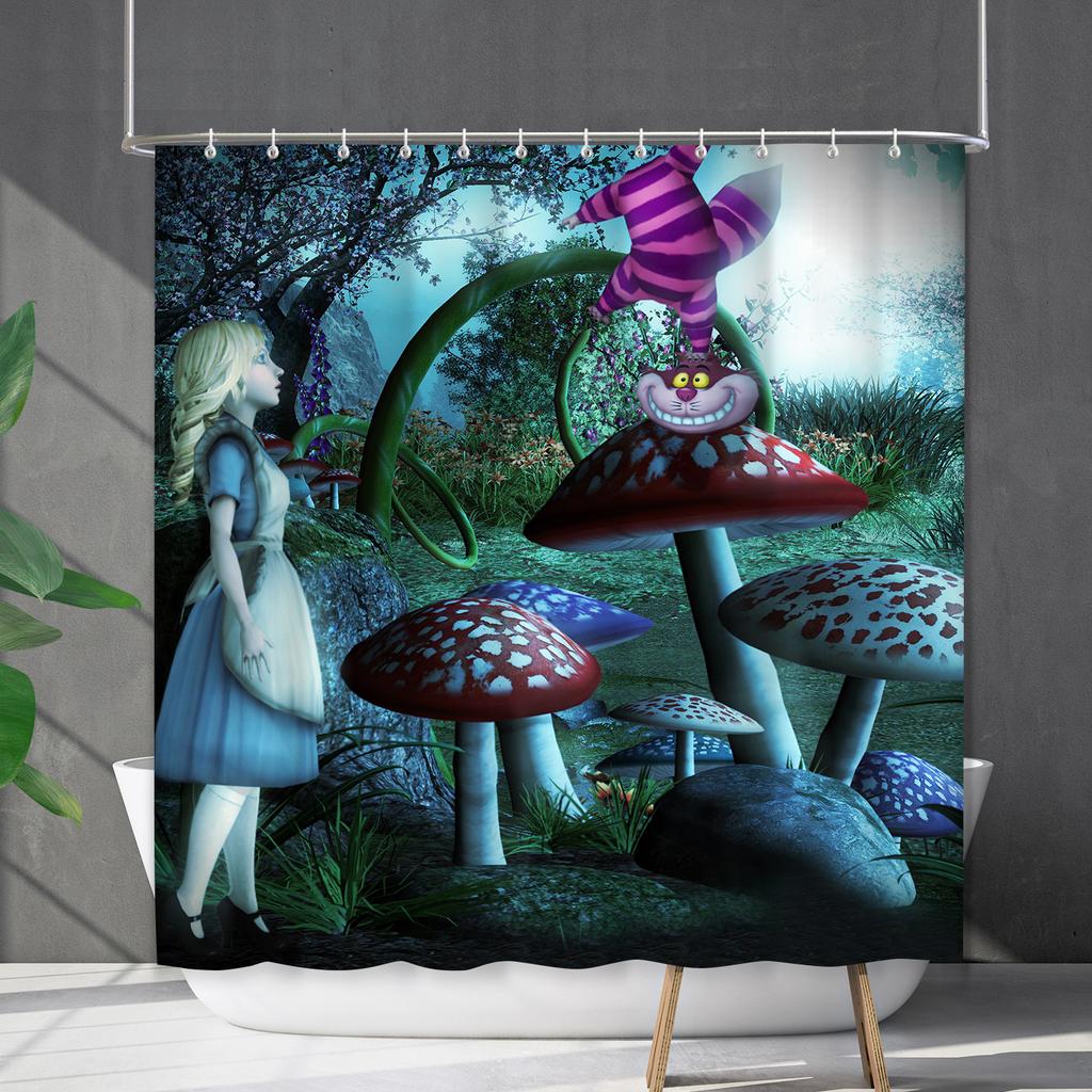 Bathroom Waterproof Curtain Digital Printing Plant Mushroom Shower Curtain Non-Punching Toilet Partition Curtain Shower Cloth