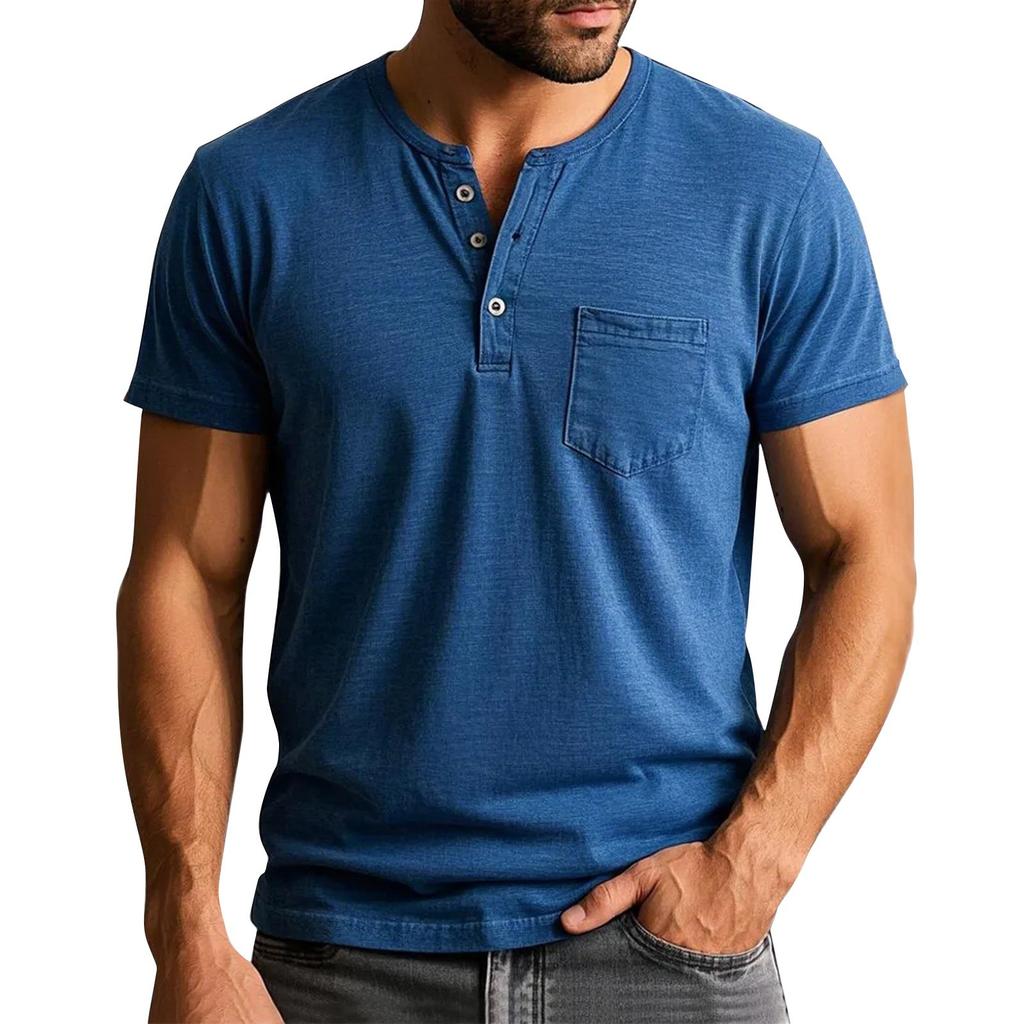 Men's Summer Solid Color Button Collar Short Sleeve Tops Men's Casual Loose Fashion Tops